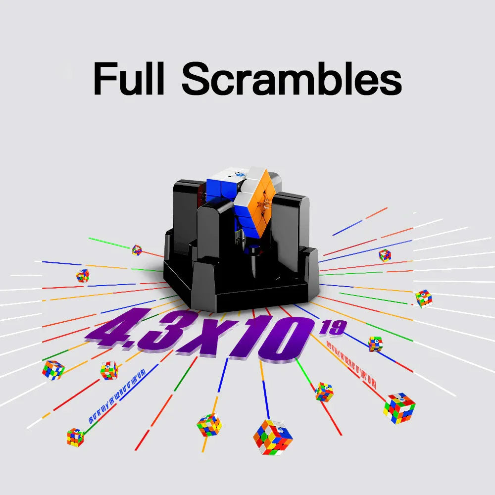 GAN Robot V1 cube on stand with 4.3x10¹⁹ full scrambles and multiple mini Rubik's cubes