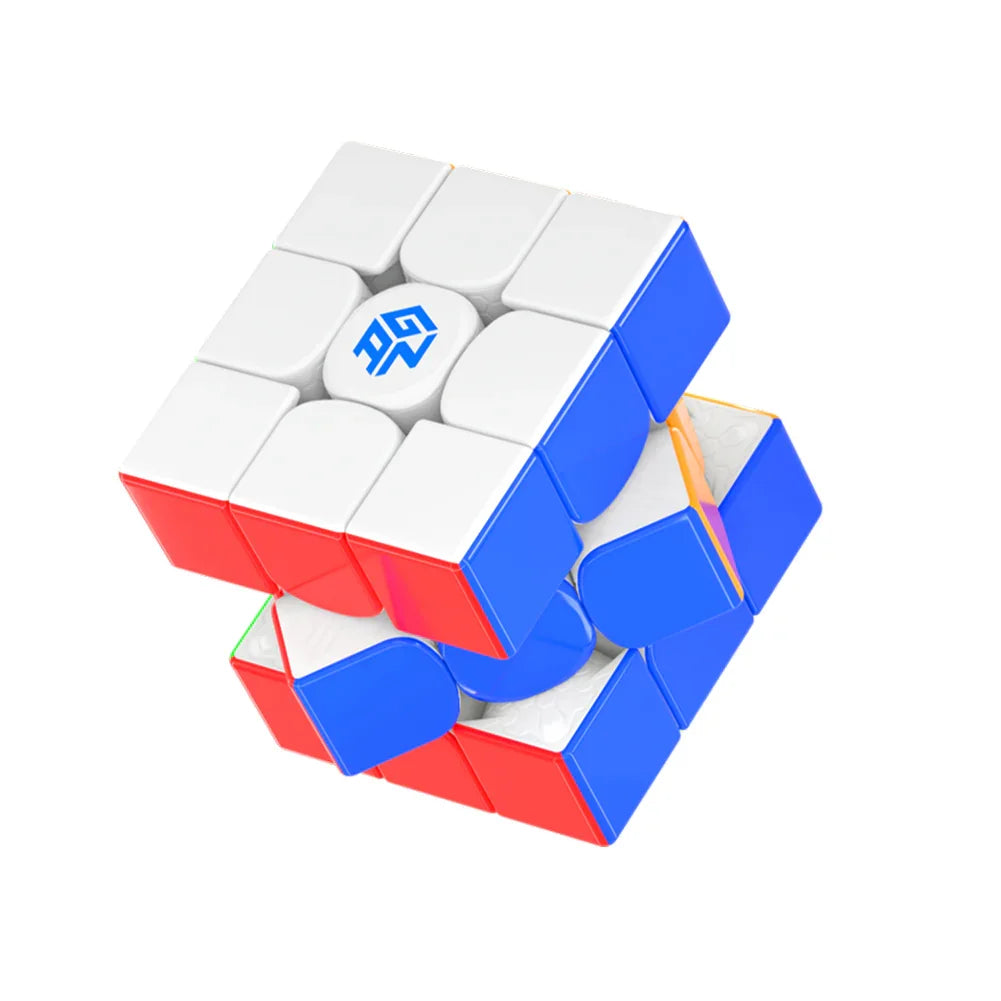 GAN15 Maglev speed cube partially twisted showing white, blue, and red stickers with logo center