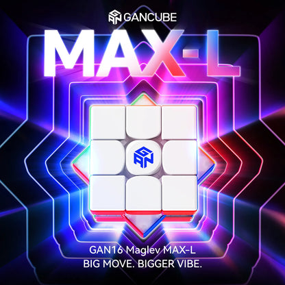 GANCUBE GAN16 Maglev MAX-L puzzle cube with vibrant neon lights on a dark background