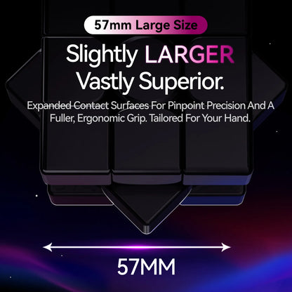 Product with text highlighting '57mm Large Size' and 'Slightly Larger Vastly Superior' on a dark background.