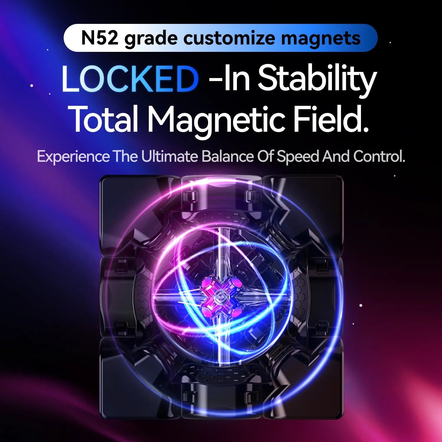 Magnetic field display with text about N52 grade customize magnets and stability.