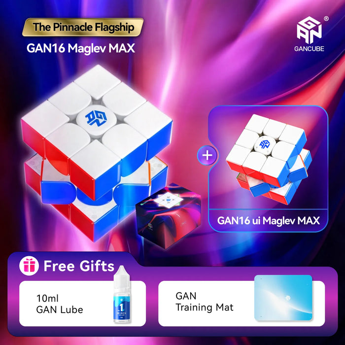Promotional graphic for the GAN16 Maglev MAX puzzle cube by GANCUBE, showing the white, red, and blue cube with a logo on the top face, a smaller inset of the same cube from an angled view, a product box, and free gift items including GAN lube and a training mat on a purple and pink gradient background.