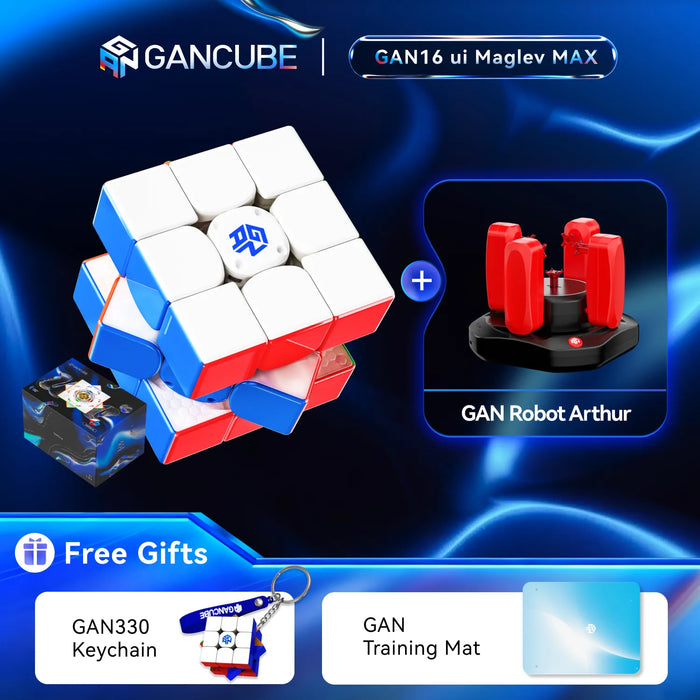 GANCUBE GAN16 ui Maglev MAX puzzle set featuring a partially solved white, blue, and red twisty puzzle, a small blue keychain, and a red robotic arm accessory on a dark blue graphic background with promotional text.