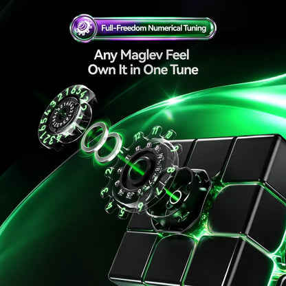 A glossy black hexagonal tuning device with glowing green accents and exposed circular dials, shown against a dark background with green light effects and the text 'Full-Freedom Numerical Tuning' and 'Any Maglev Feel Own It in One Tune.'.