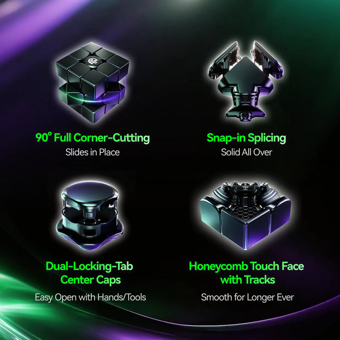 Four feature callouts on a dark glowing background showing a black cube puzzle and close-up views of its center caps and splicing technology, with green text reading '90° Full Corner-Cutting', 'Snap-in Splicing', 'Dual-Locking-Tab Center Caps', and 'Dual-Locking-Tab Center Caps'.