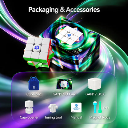 Promotional graphic for a puzzle product showing a white cube puzzle with colored edges, a colorful branded box, and a set of accessories including a cube bag, GAN17 ID card, GAN17 box, cap-opener, tuning tool, manual, and magnet rods under the heading 'Packaging & Accessories'.