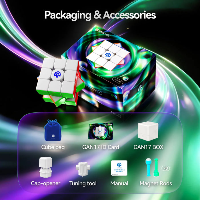 Promotional graphic for a puzzle product showing a white cube puzzle with colored edges, a colorful branded box, and a set of accessories including a cube bag, GAN17 ID card, GAN17 box, cap-opener, tuning tool, manual, and magnet rods under the heading 'Packaging & Accessories'.