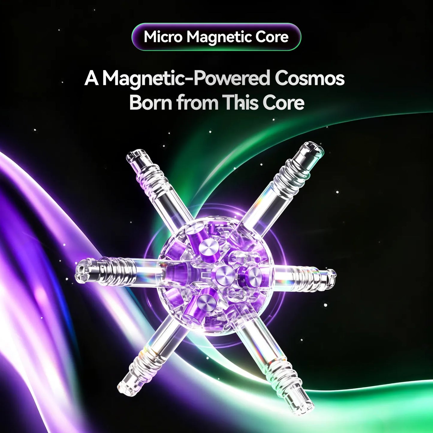 A six-spoke crystal-like magnetic toy or decorative piece with a glowing purple central core, shown on a dark space-themed background with text reading 'Micro Magnetic Core' and 'A Magnetic-Powered Cosmos Born from This Core.'.