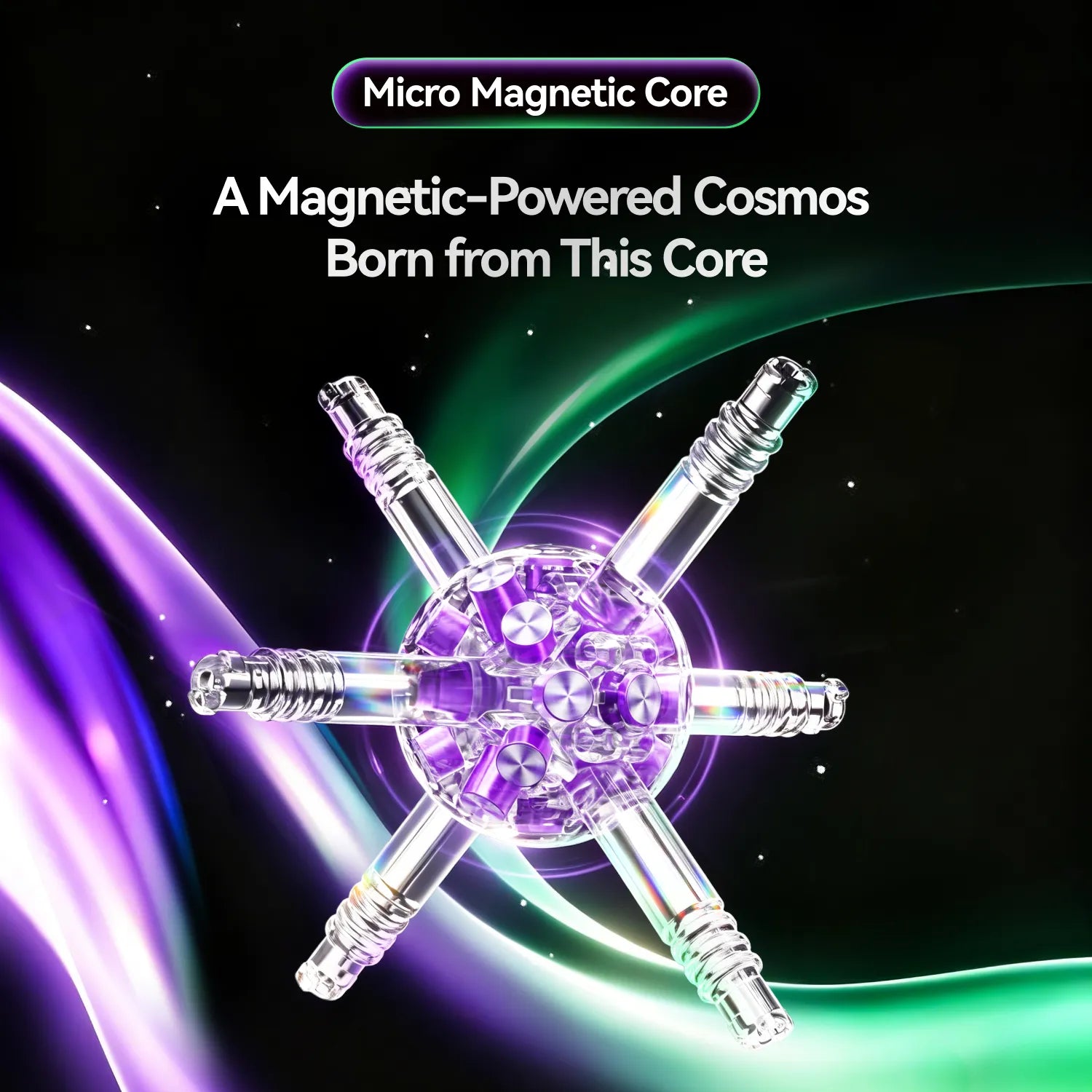 A six-spoke crystal-like magnetic toy or decorative piece with a glowing purple central core, shown on a dark space-themed background with text reading 'Micro Magnetic Core' and 'A Magnetic-Powered Cosmos Born from This Core.'.