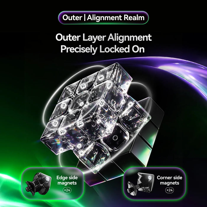 A transparent acrylic cube puzzle with black corner and edge magnets, shown on a dark background with glowing green and purple effects. Text at the top reads 'Outer | Alignment Realm' and 'Outer Layer Alignment Precisely Locked On,' with two inset callouts showing the magnets on the edge and corner sides.