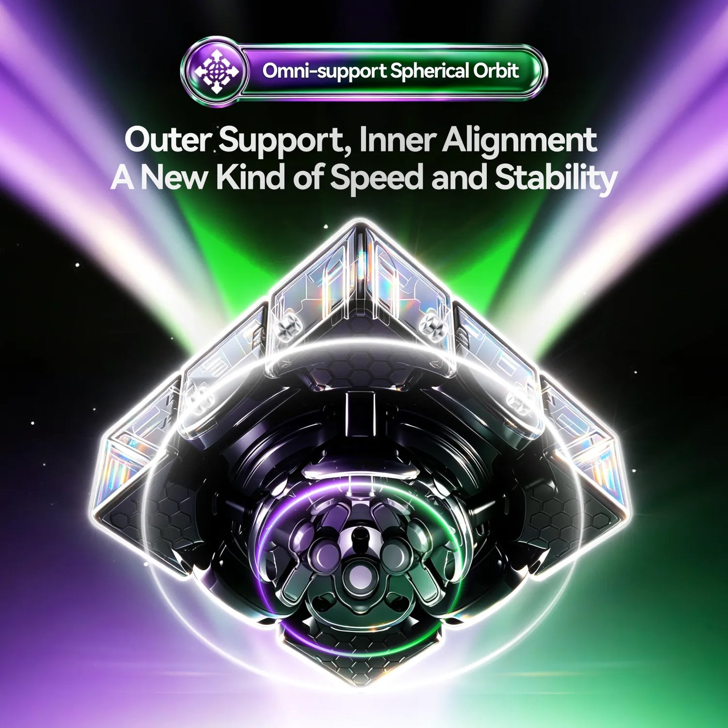 A futuristic spherical spacecraft or orbital device centered on a dark space background with purple and green light beams. Text at the top reads 'Omni-support Spherical Orbit' and larger text below reads 'Outer Support, Inner Alignment A New Kind of Speed and Stability.