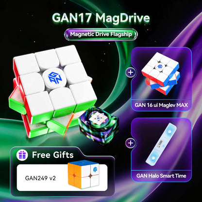 Promotional graphic for the GAN17 MagDrive magnetic drive flagship, showing a white 3x3 puzzle cube with green and red edges, a small dark magnetic drive, and three included or free gifts labeled GAN 16 ui Maglev MAX, GAN Halo Smart Time, and GAN249 v2, on a dark purple and green abstract background.