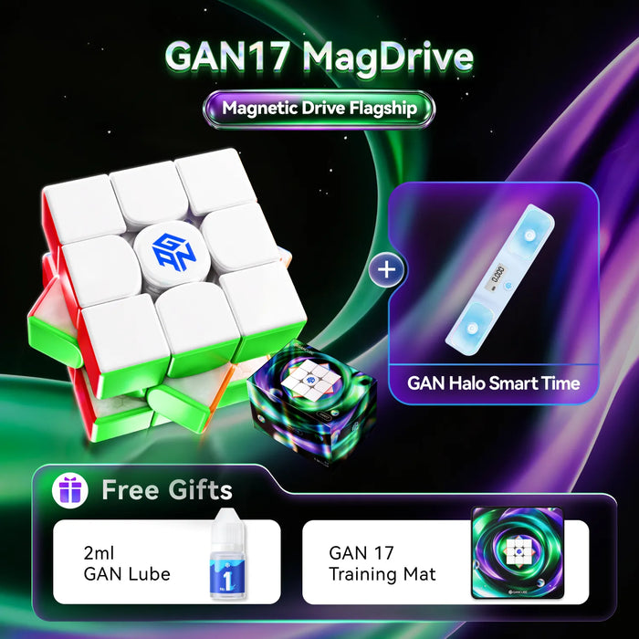 Promotional graphic for the GAN17 MagDrive package, showing a white, green, and red魔方 with a blue logo on the center piece, a small dark metallic magnetic drive, and a blue smart time indicator. The background is a dark space-themed graphic with green and purple nebulae.