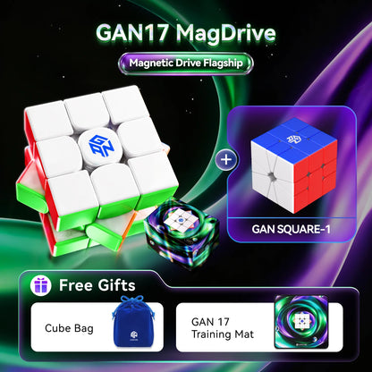GAN17 MagDrive magnetic drive flagship set featuring a white, green, and red twisty puzzle cube, a small multicolor magnetic drive core, and a promotional inset of a blue and red square puzzle cube labeled GAN SQUARE-1. The image also advertises free gifts: a blue cube bag and a GAN 17 training mat against a dark space-themed background.
