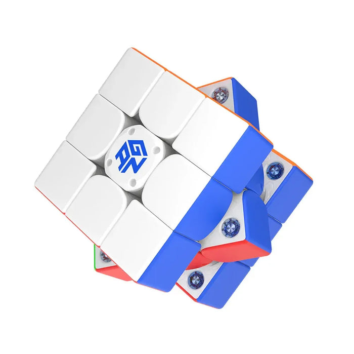 White puzzle cube with blue and red accents on a white background