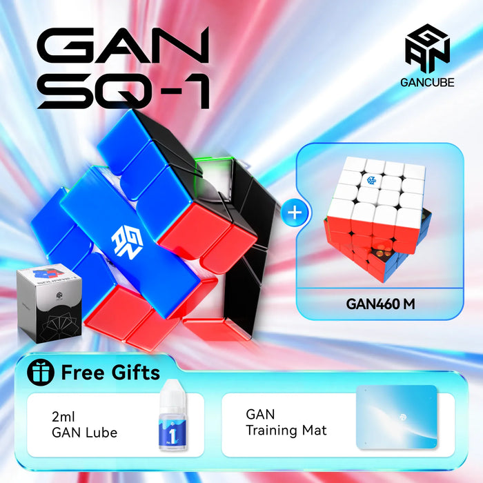 Promotional graphic for the GAN SQ-1 puzzle cube by GANCUBE, showing the blue, red, and black twisty puzzle cube, a small branded box, a floating inset of the GAN460 M white/red cube, and free gift items including GAN lube and a training mat on a colorful abstract background.