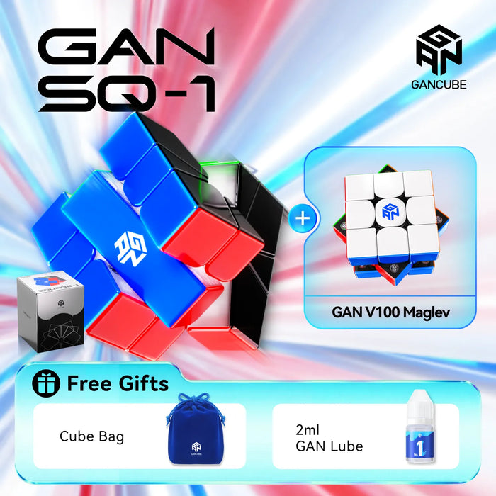 Promotional graphic for the GAN SQ-1 puzzle set by GANCUBE, featuring a blue and black GAN SQ-1 cube, a white GAN V100 Maglev cube, a small box, and a free gift section with a blue drawstring bag and a 2ml bottle of GAN Lube.
