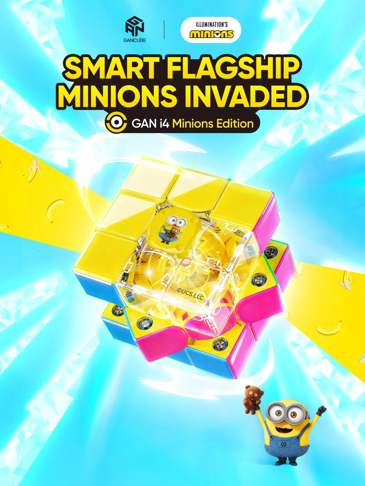 Colorful puzzle toy with Minions character on a bright blue background