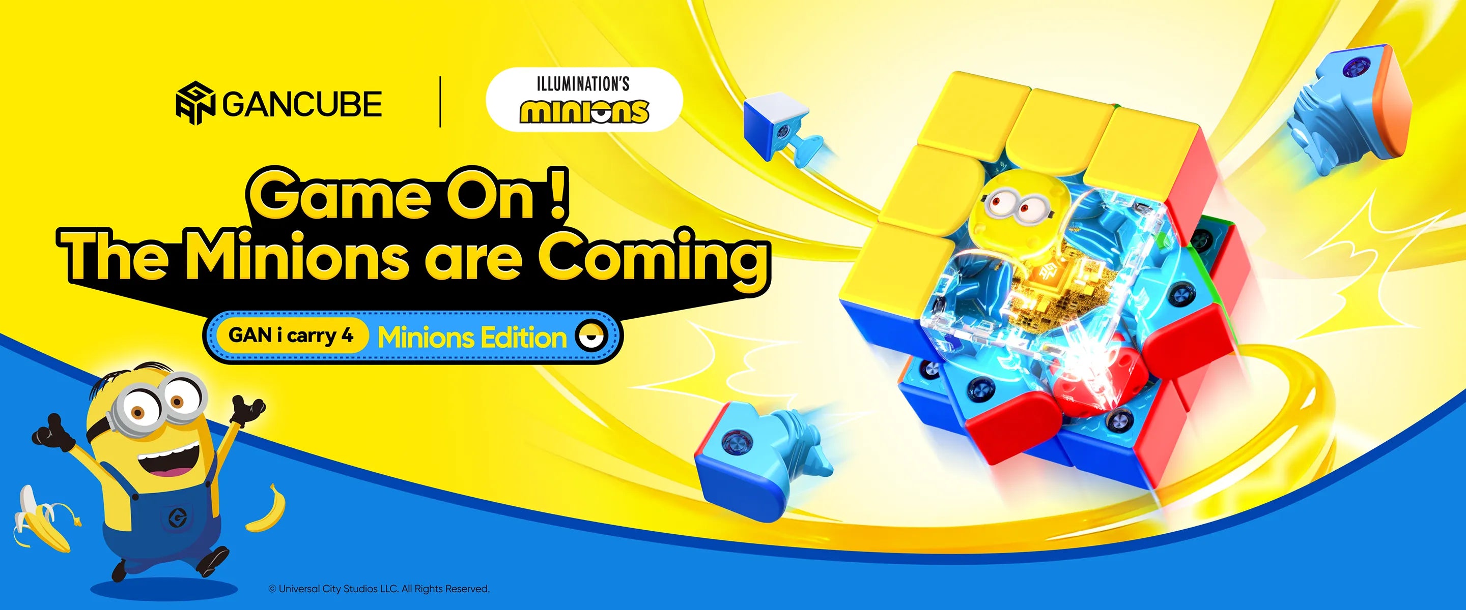 Promotional banner for Gancube Minions edition toy with colorful design and character illustration.