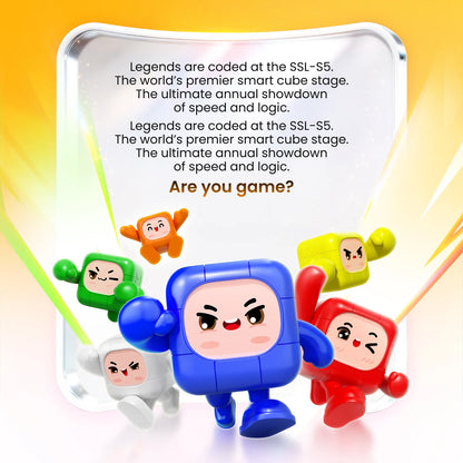 Colorful puzzle cube characters with promotional text on a yellow background