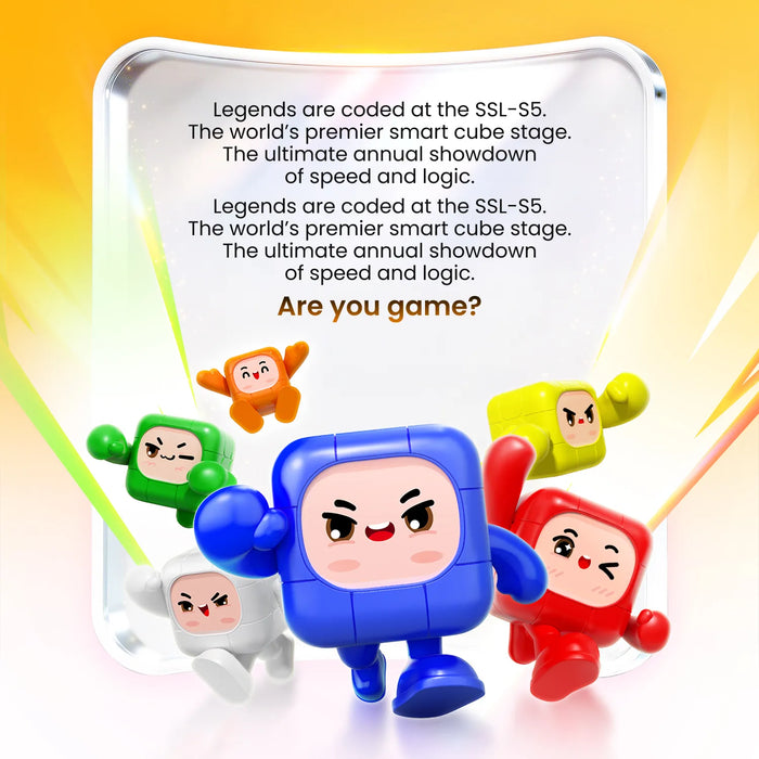Colorful puzzle cube characters with promotional text on a yellow background