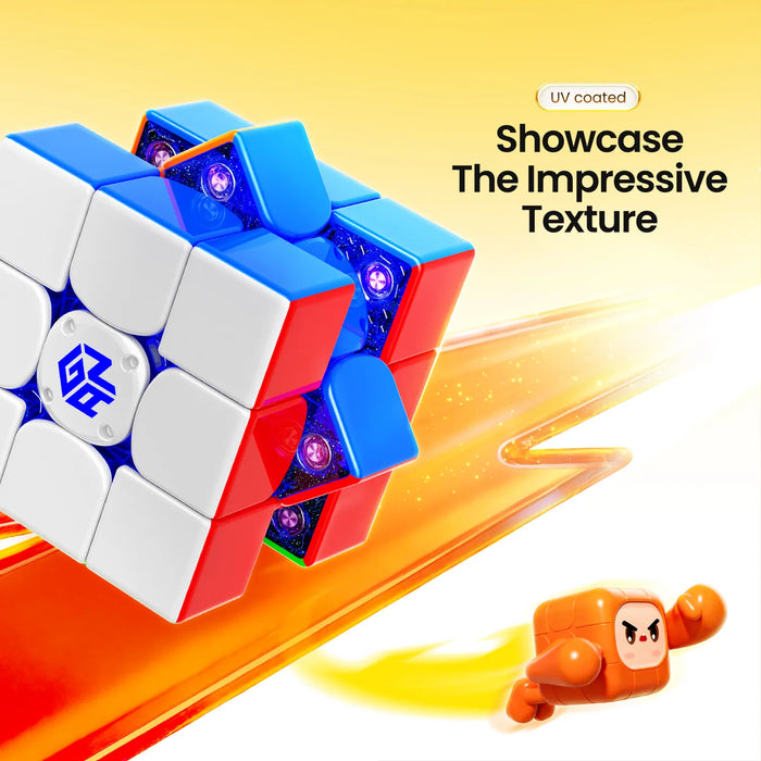 Colorful Rubik's cube with a character in the background on a yellow background