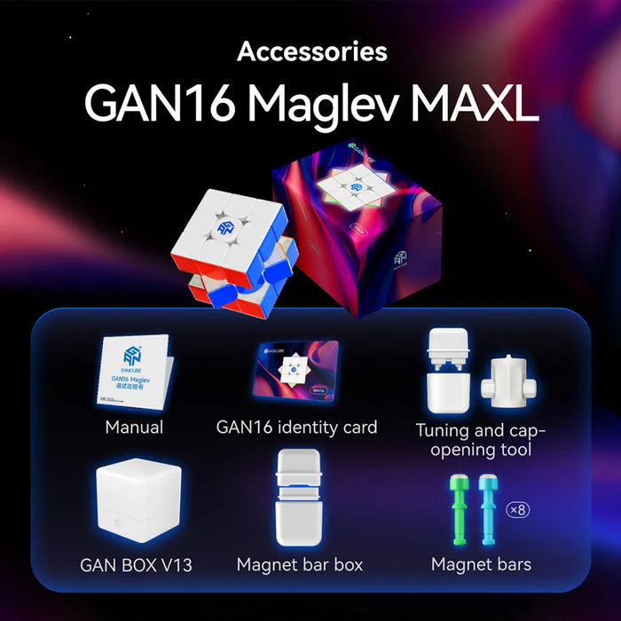 GAN16 Maglev MAXL accessories with packaging and components on a dark background