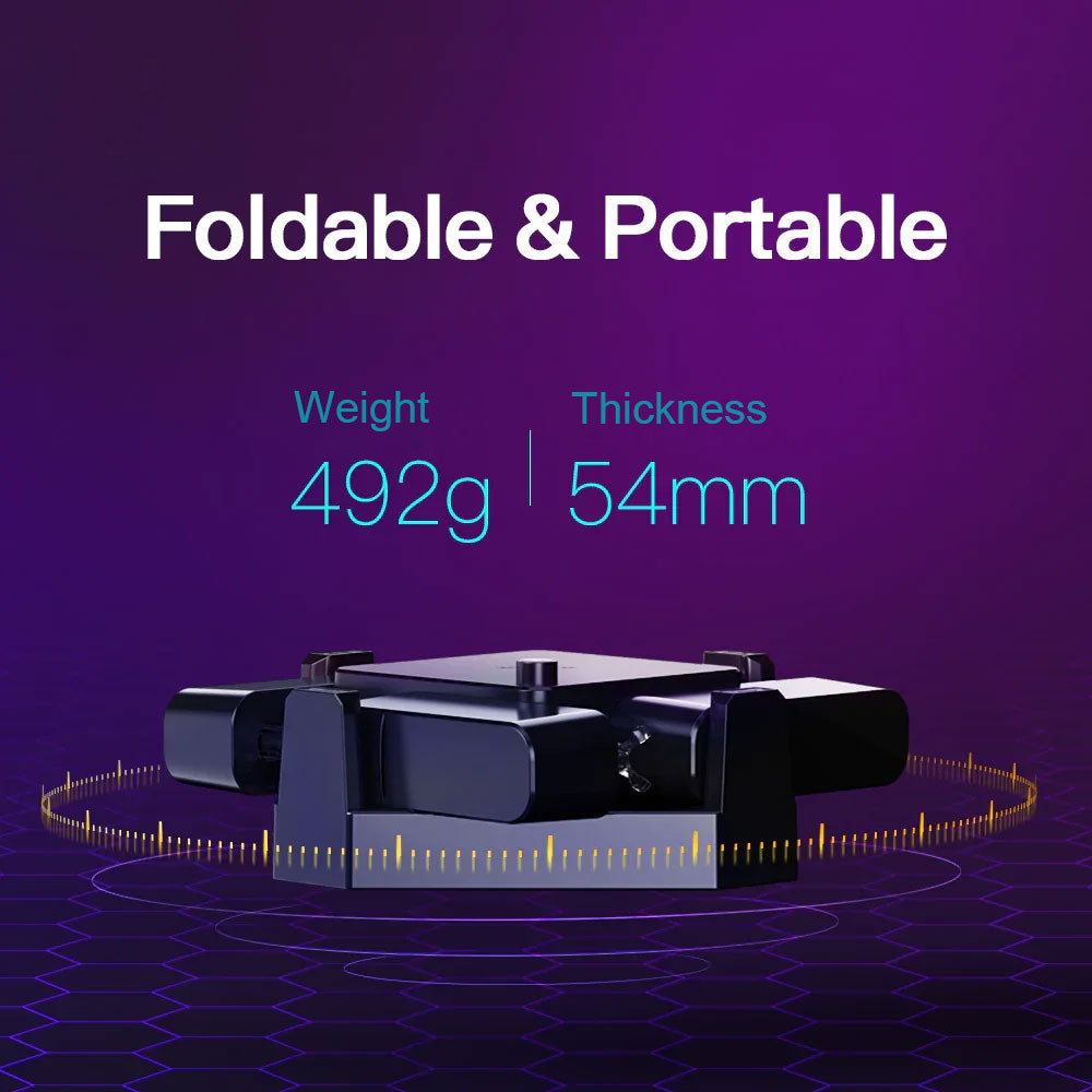 Foldable and portable black device with 492g weight and 54mm thickness on purple background