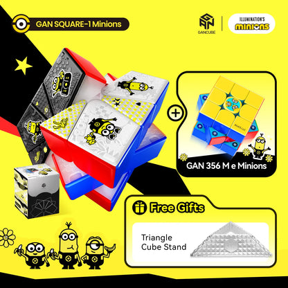 Promotional graphic for a GAN Square-1 Minions puzzle set, showing the red and blue open gift box with patterned white puzzle pieces, a yellow/blue GAN 356 M e Minions cube, and a free triangle cube stand on a bright yellow background with black graphic elements.