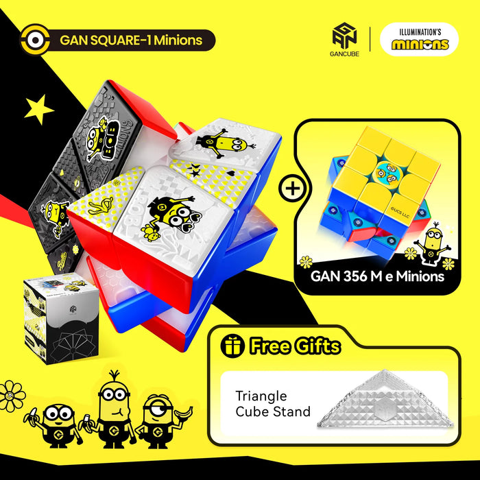 Promotional graphic for a GAN Square-1 Minions puzzle set, showing the red and blue open gift box with patterned white puzzle pieces, a yellow/blue GAN 356 M e Minions cube, and a free triangle cube stand on a bright yellow background with black graphic elements.