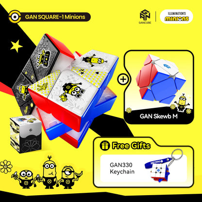 Promotional graphic for GAN Square-1 Minions puzzle set, showing an open red and blue gift box with patterned square puzzle pieces, a separate GAN Skewb M twisty puzzle, and a free keychain gift on a bright yellow background with GAN and Illumination's Minions branding.