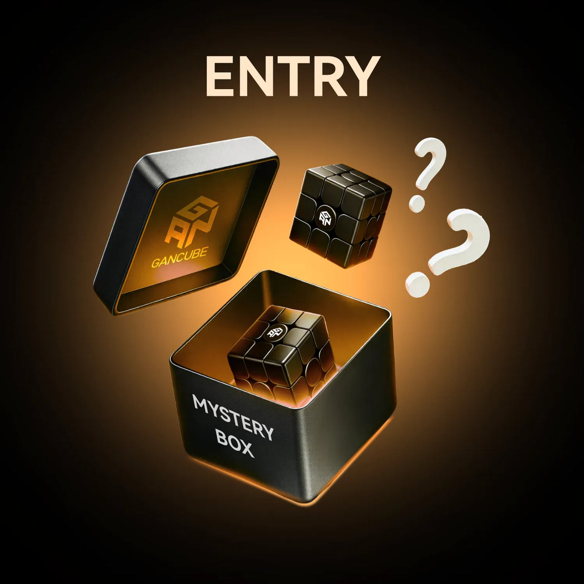 A promotional graphic for a Gancube mystery box entry, showing an open black box with a black cube inside, a closed box with the Gancube logo, a floating black cube, and white question marks above on a dark gradient background with the word ENTRY.