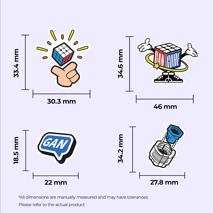 Four colorful GAN Cube stickers with hand, logo, and puzzle piece designs with measured dimensions on a purple background