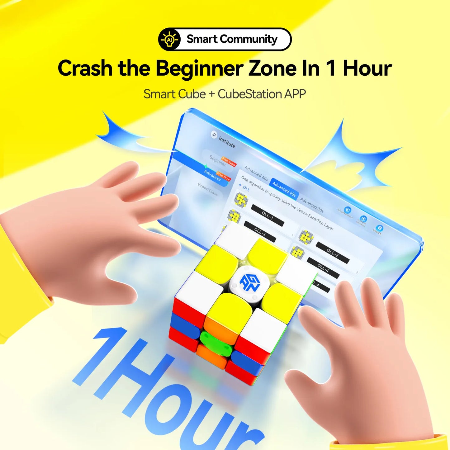 Hands solving a GAN smart cube with CubeStation app on screen, yellow background, GANCUBE brand
