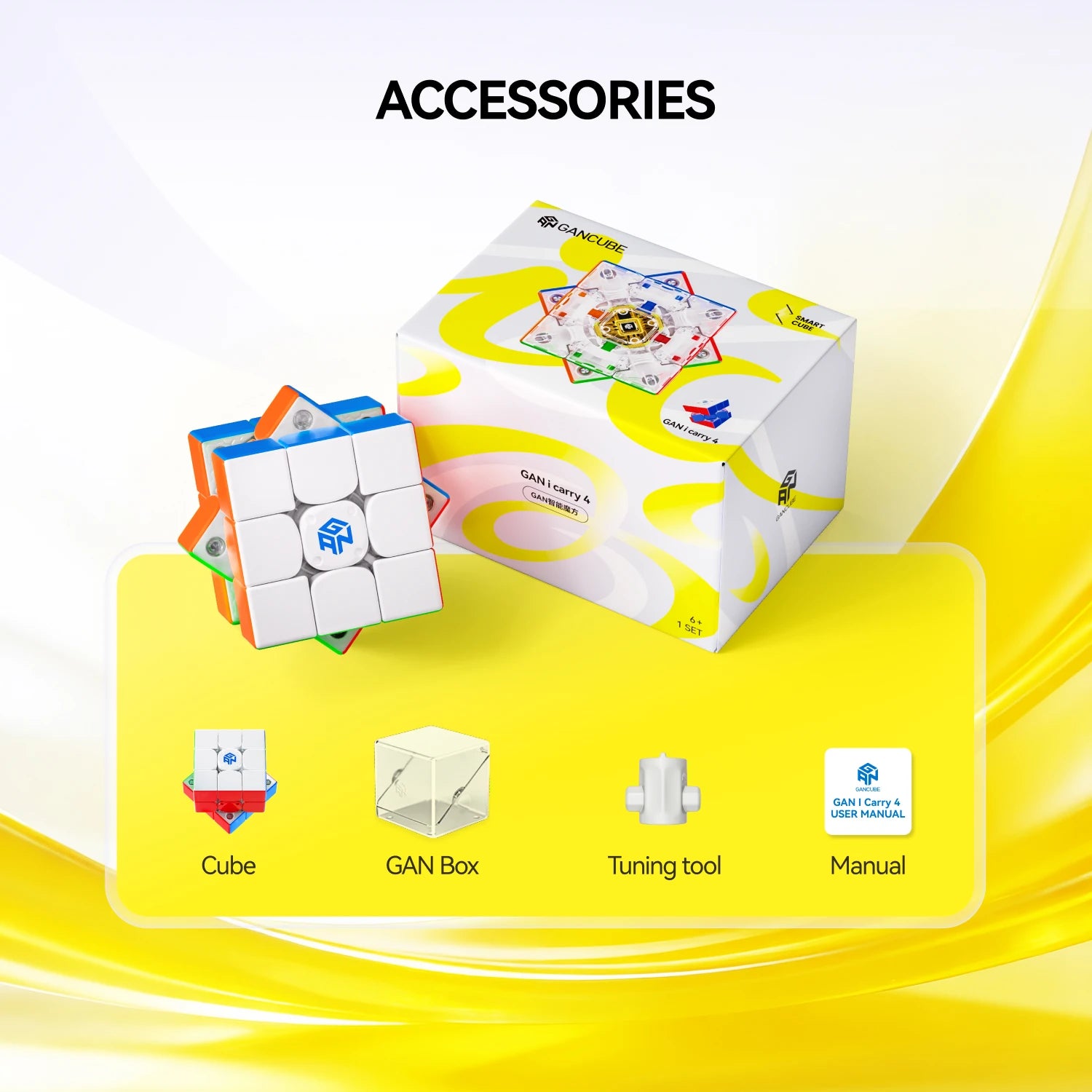 GANCUBE GAN i Carry 4 speed cube set with box, tuning tool, manual, and GAN Box accessories.