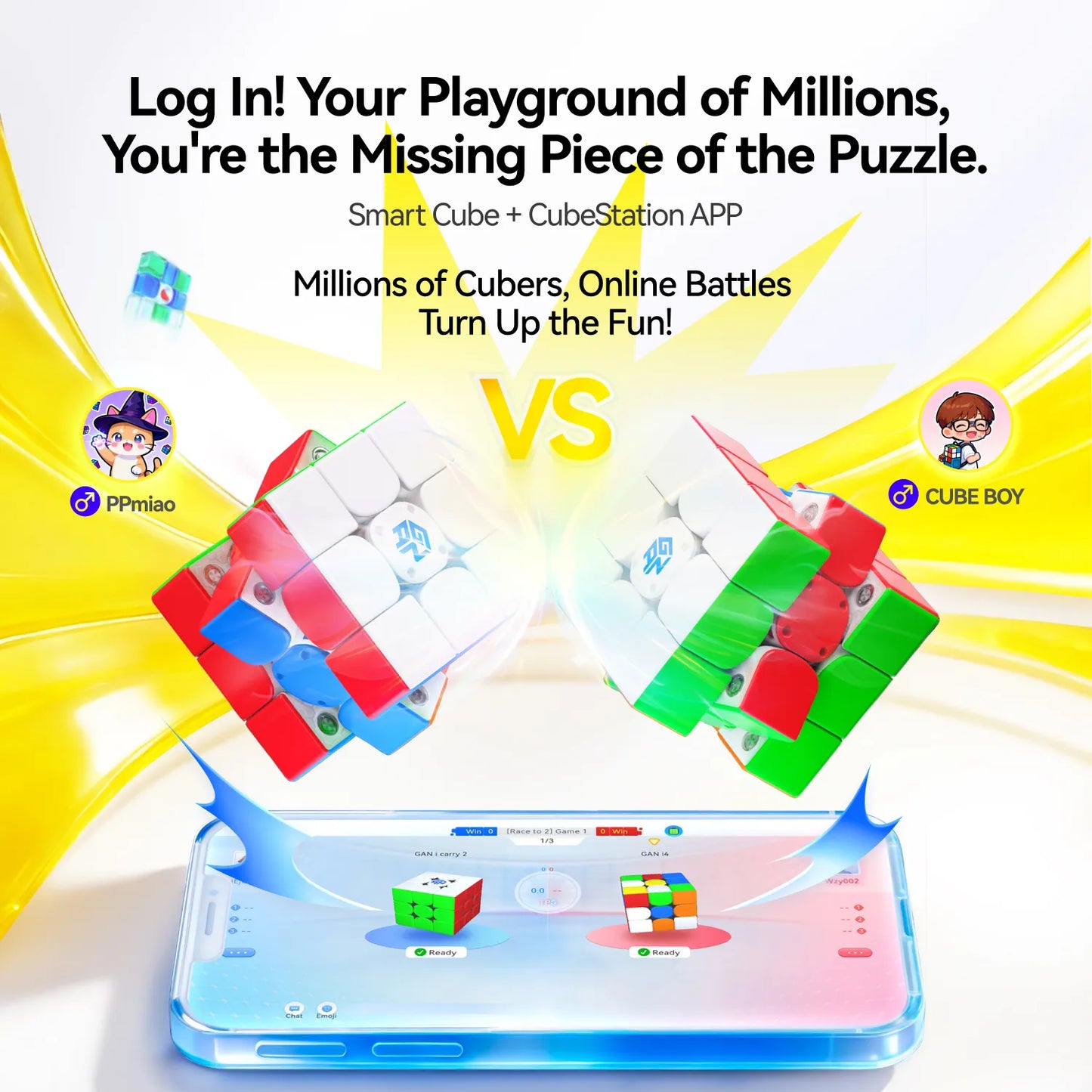 GANCUBE smart cubes and CubeStation app on smartphone, online speedcube battle illustration