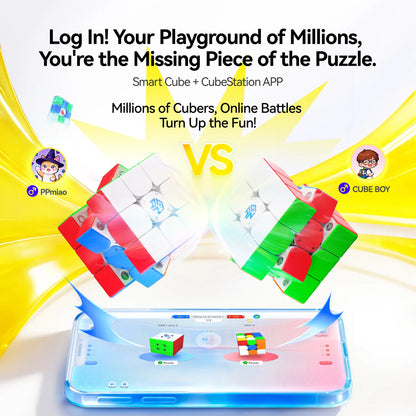 GANCUBE smart cubes and CubeStation app on smartphone, online speedcube battle illustration