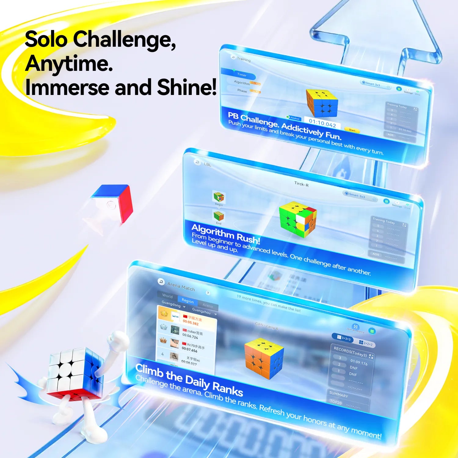 GANCUBE smart cube digital challenges and rankings with 3D cube graphics and leaderboard interface.