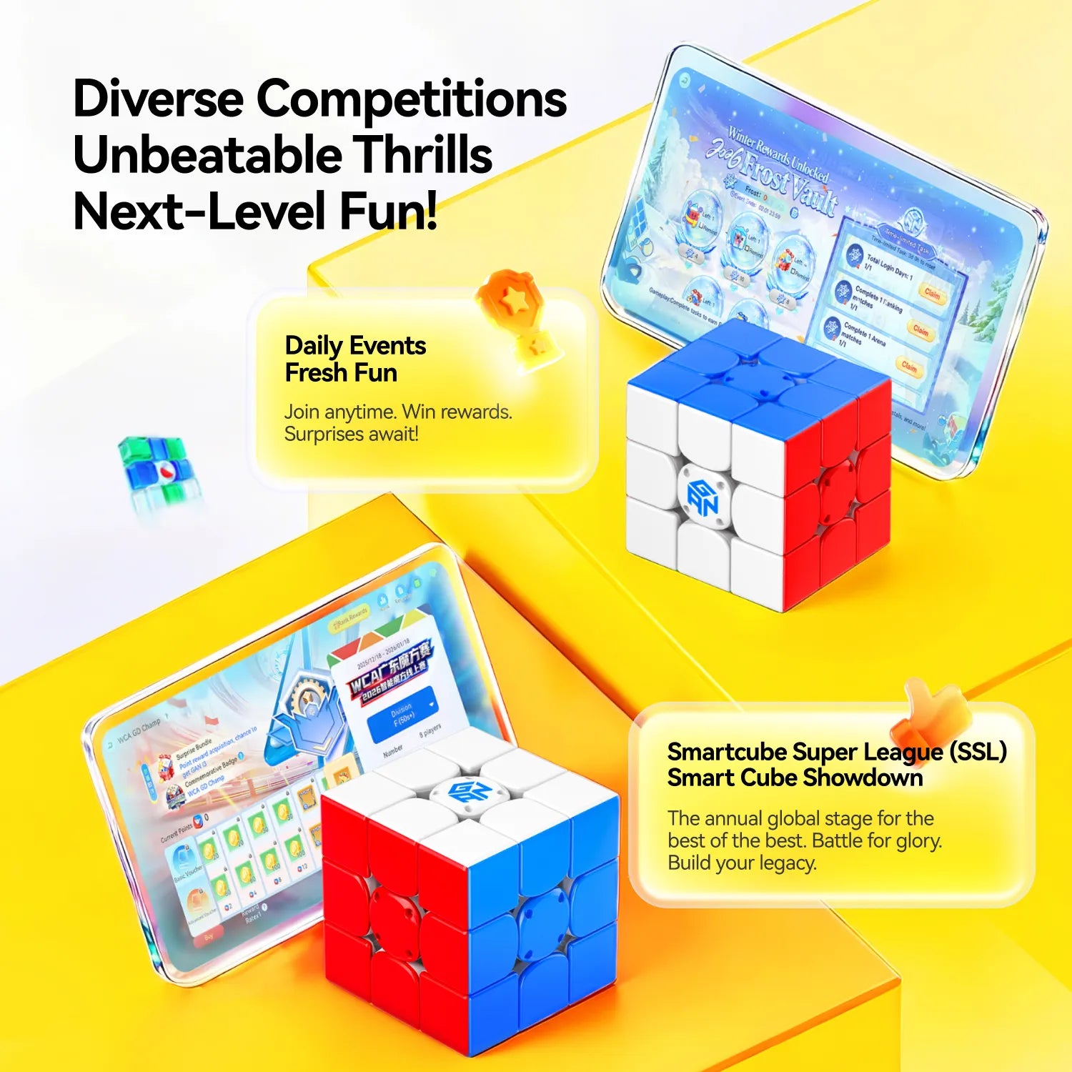 GANCUBE smart cube displayed with tablets showing competition events, speedcube gaming setup