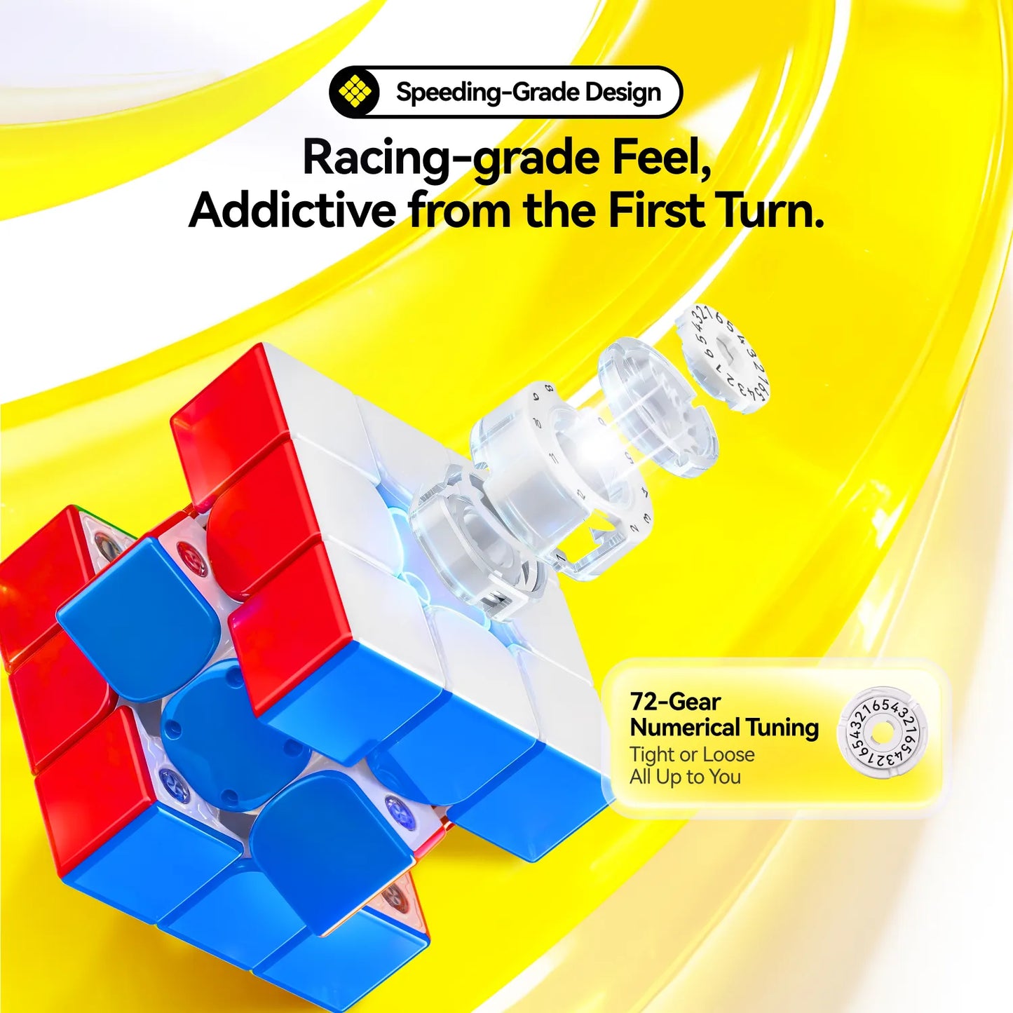 GANCUBE speedcube with exploded tuning mechanism, 72-gear adjustment, and bold yellow background.