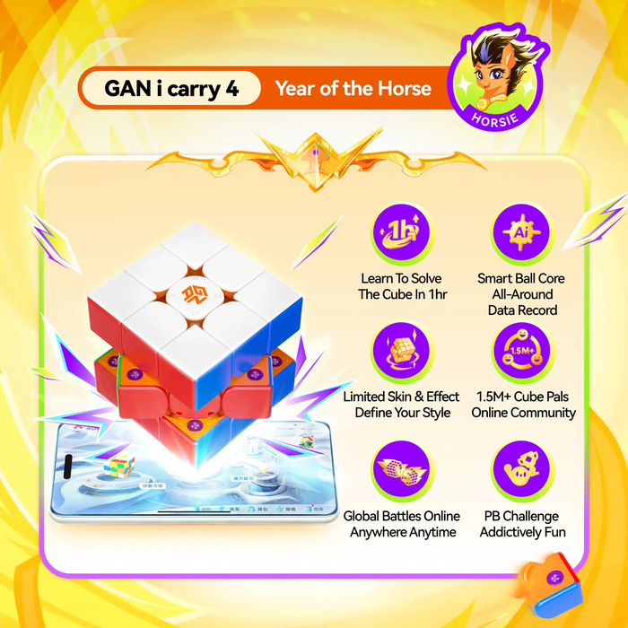 GANCUBE GAN i carry 4 Year of the Horse edition smart speed cube hovering over a smartphone, with feature icons highlighting rapid learning, smart ball core, customizable skins, online community, global battles, and personal best challenges.