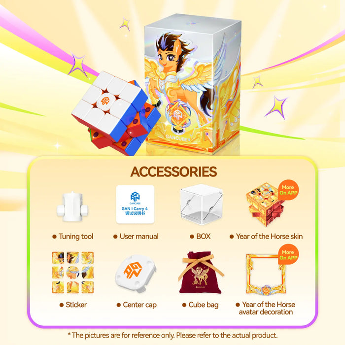 GANCUBE New Year speedcube gift set with horse-themed box, cube, and listed accessories.