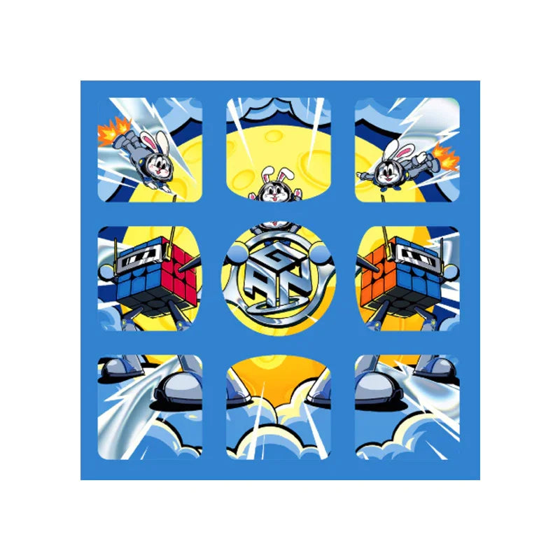 Mid-autumn themed sticker with cartoon space bunny, flying robots, and a bright yellow moon on blue background