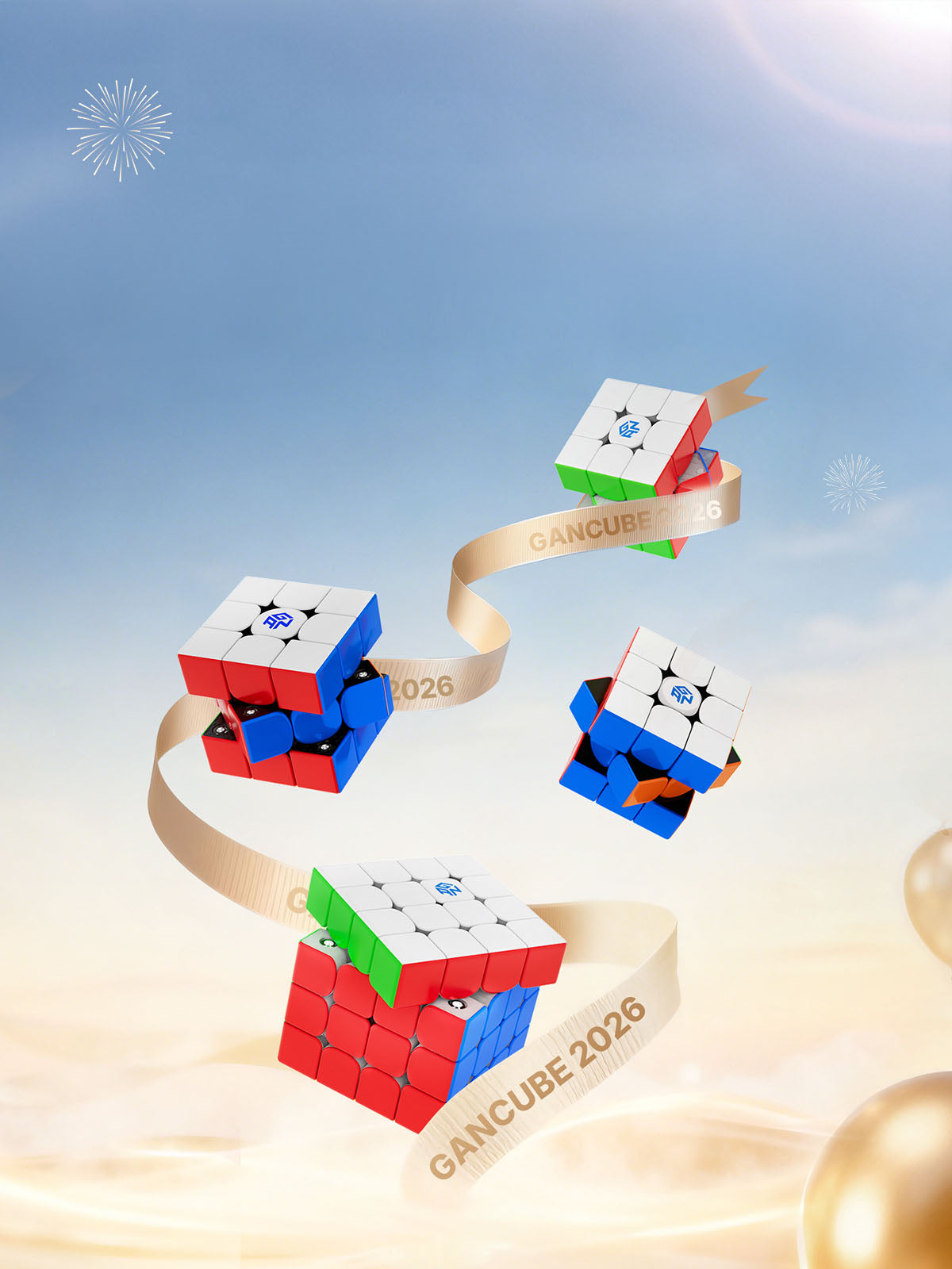 Stack of colorful Rubik's Cube-like puzzles with 'GANCUBE 2026' branding against a blue sky.