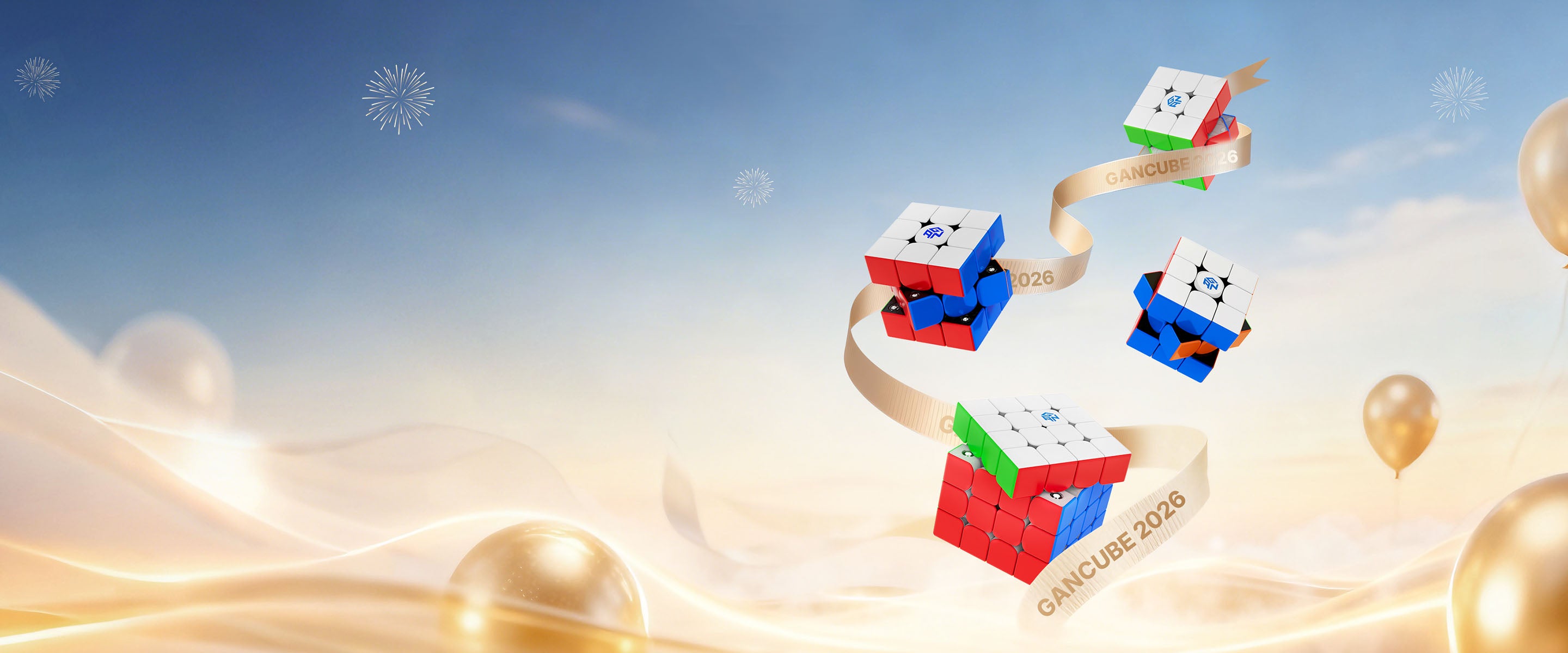 Colorful Rubik's Cube toys in mid-air against a blue sky with balloons.