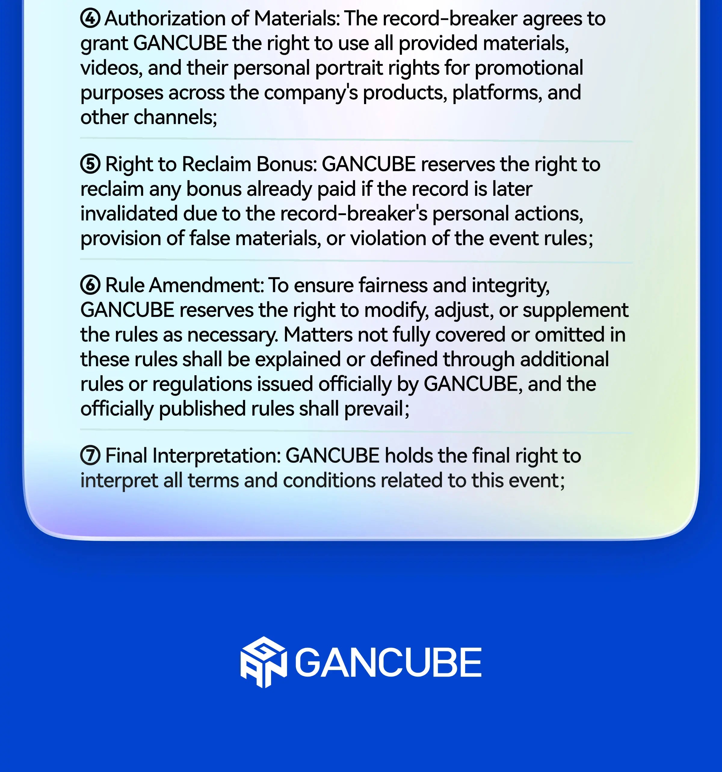 GANCUBE record prize terms and conditions on a blue and green gradient background