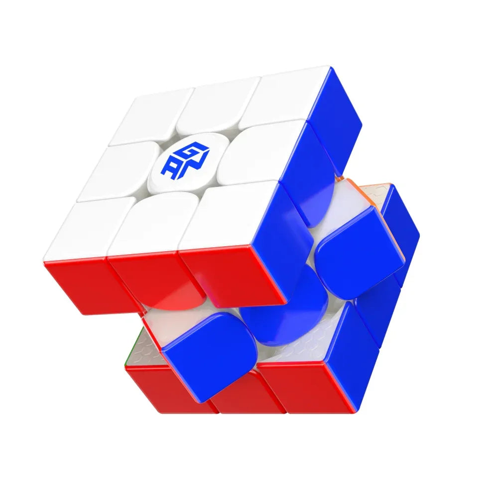 Partially twisted white, red, and blue GAN 3x3 speed cube with visible internal mechanism