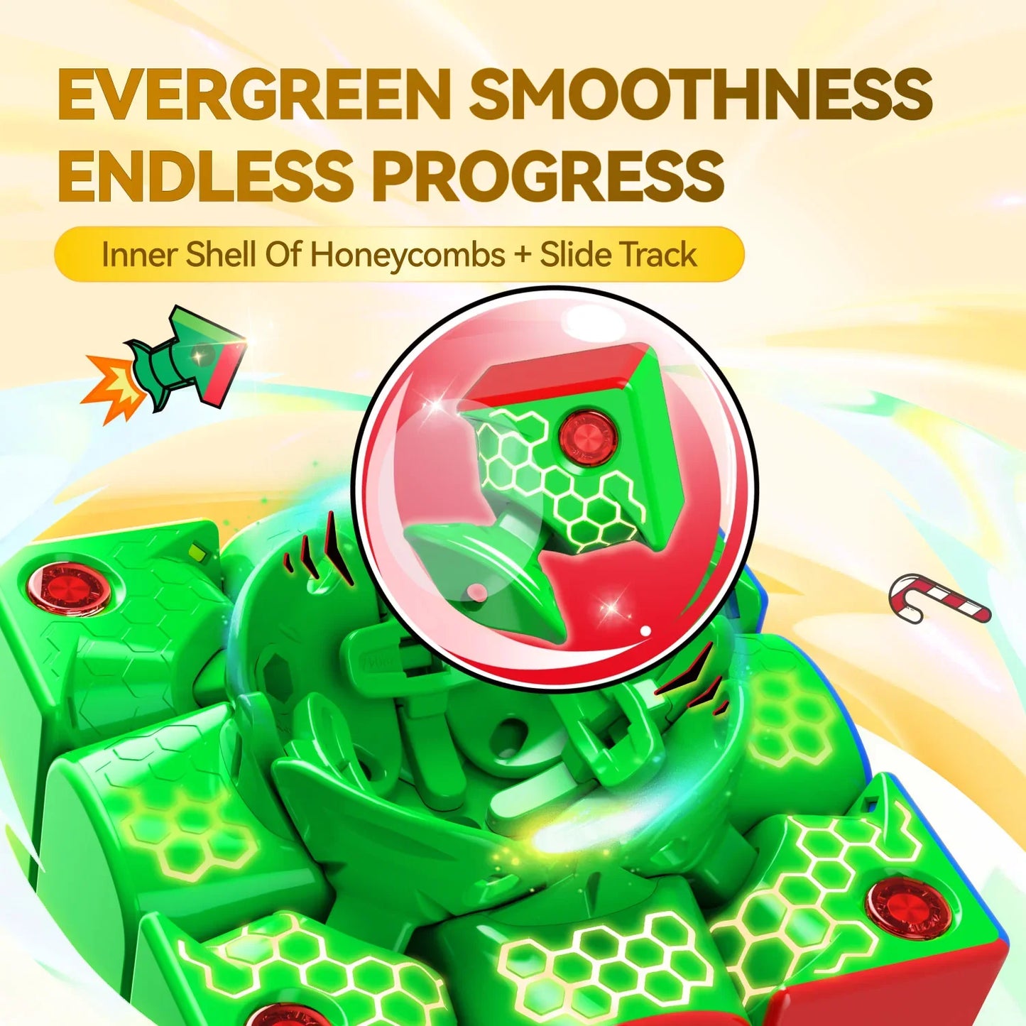 Close-up of green cube mechanism with honeycomb pattern and red gems, highlighting smooth and progressive inner shell design