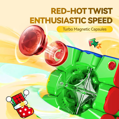 Close-up of green puzzle cube corner revealing red Turbo Magnetic Capsules and internal mechanism