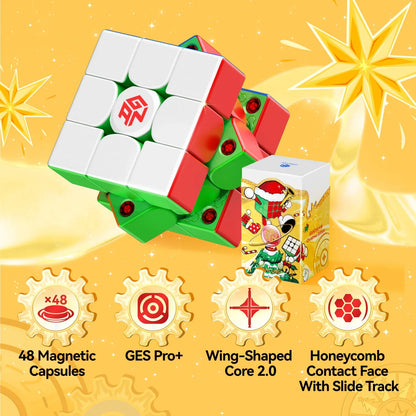 Gan356 M O magnetic 3x3 speed cube with Christmas edition packaging and key features on yellow background
